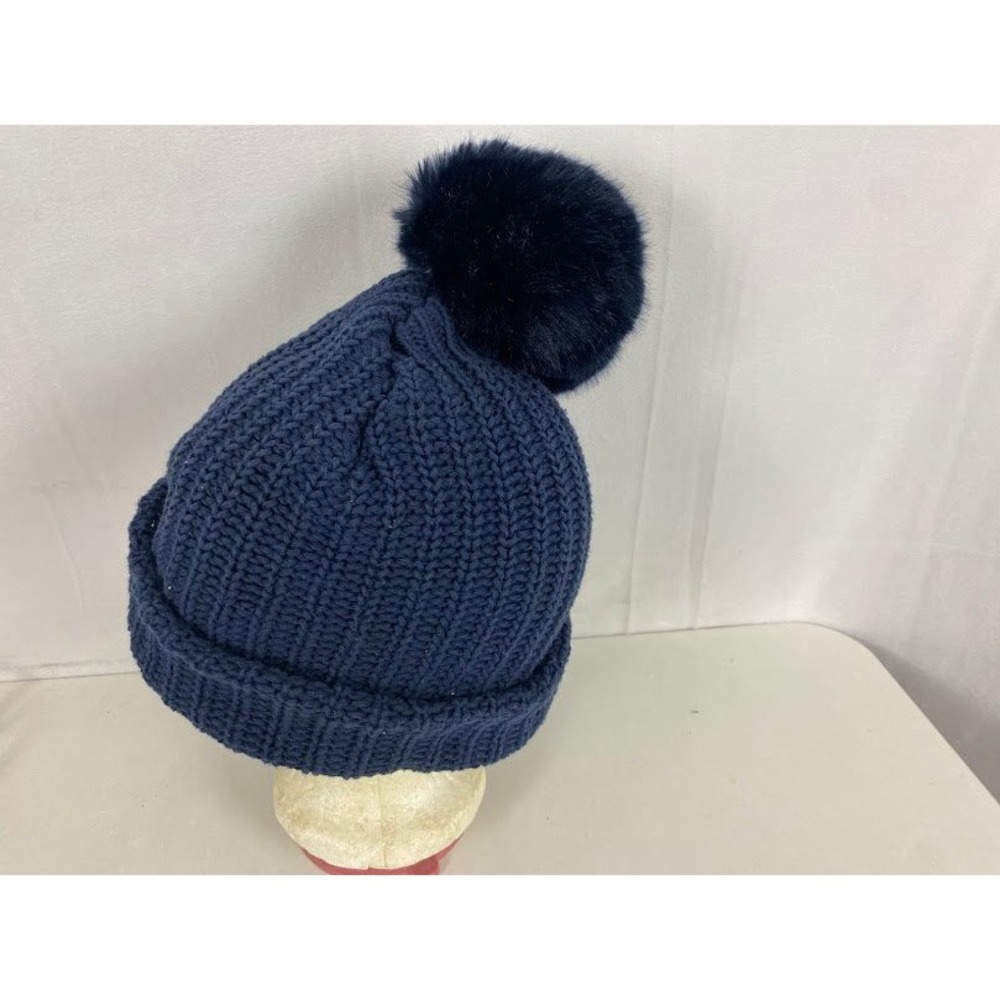 Love Your Melon Navy Blue Knit Beanie Faux Fur Pom Pom Cuffed Winter Hat USA - Picture 2 of 5